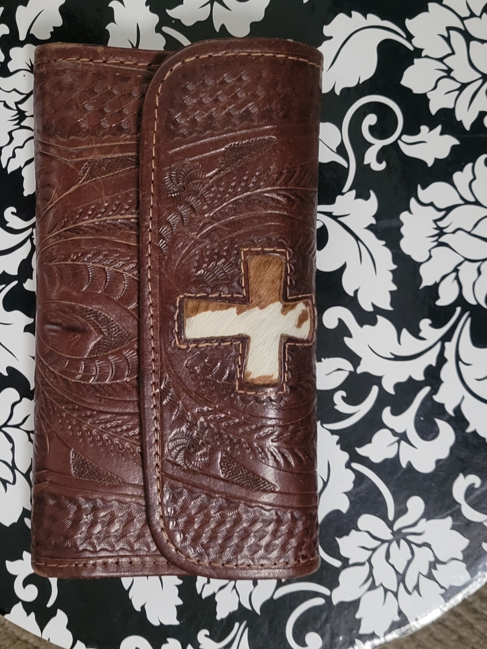 Brown Embossed Leather Wallet with Cream Cross Accent